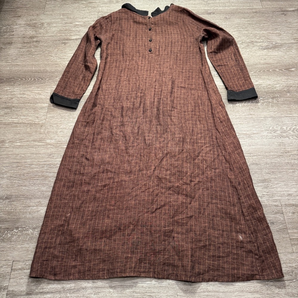 Vintage FLAX Dress Womens Medium Brown Grid Plaid 100% Linen Peter Pan Maxi